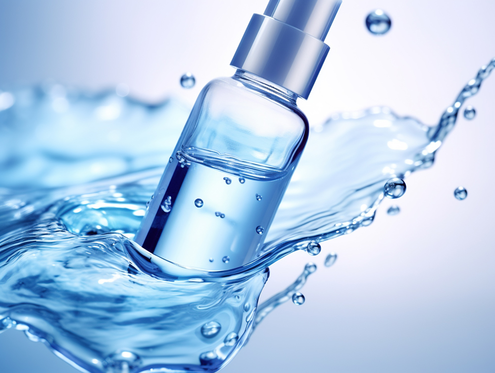 Liquid blue hydrating serum in glass bottle